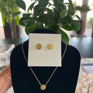 Tory Burch Gold Logo Pendant Necklace and Stud Earrings Set